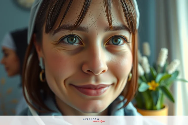 The image shows a woman with blonde hair and blue eyes. She has a smiling expression on her face. The background is indoors with a warm tone.