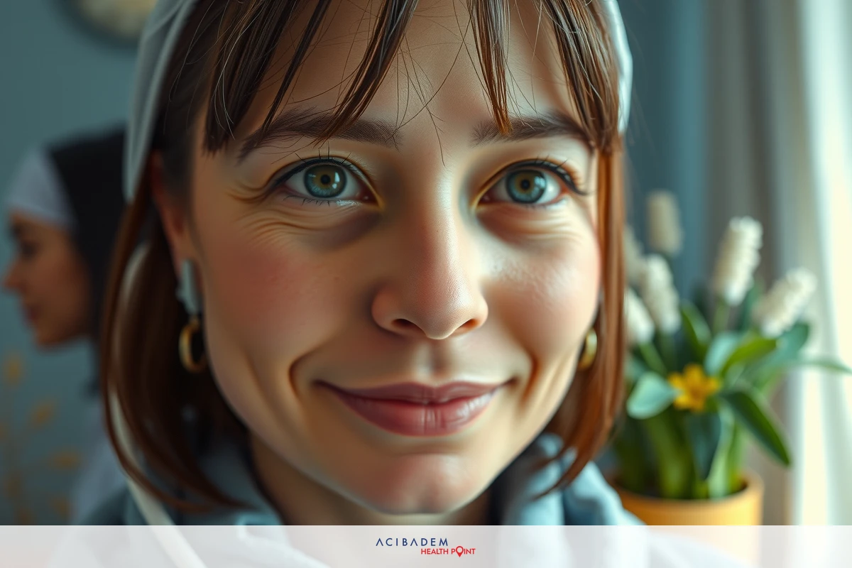 The image shows a woman with blonde hair and blue eyes. She has a smiling expression on her face. The background is indoors with a warm tone.