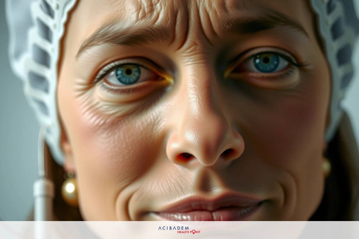 A close-up portrait of a woman with light blue eyes, looking at the camera. She has a neutral expression on her face. Her skin is pale, and she appears to be middle-aged.