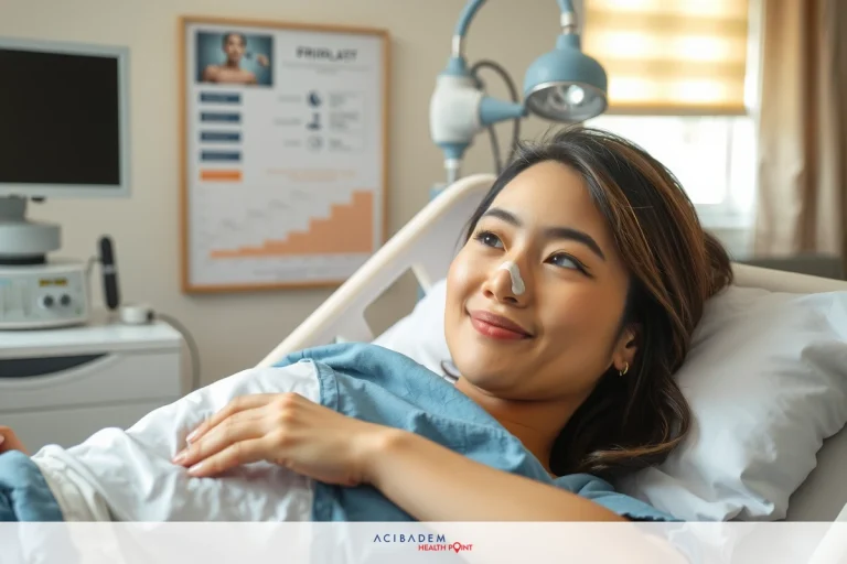 Smiling woman lying in hospital bed, wearing medical gown. Medical equipment around her.
