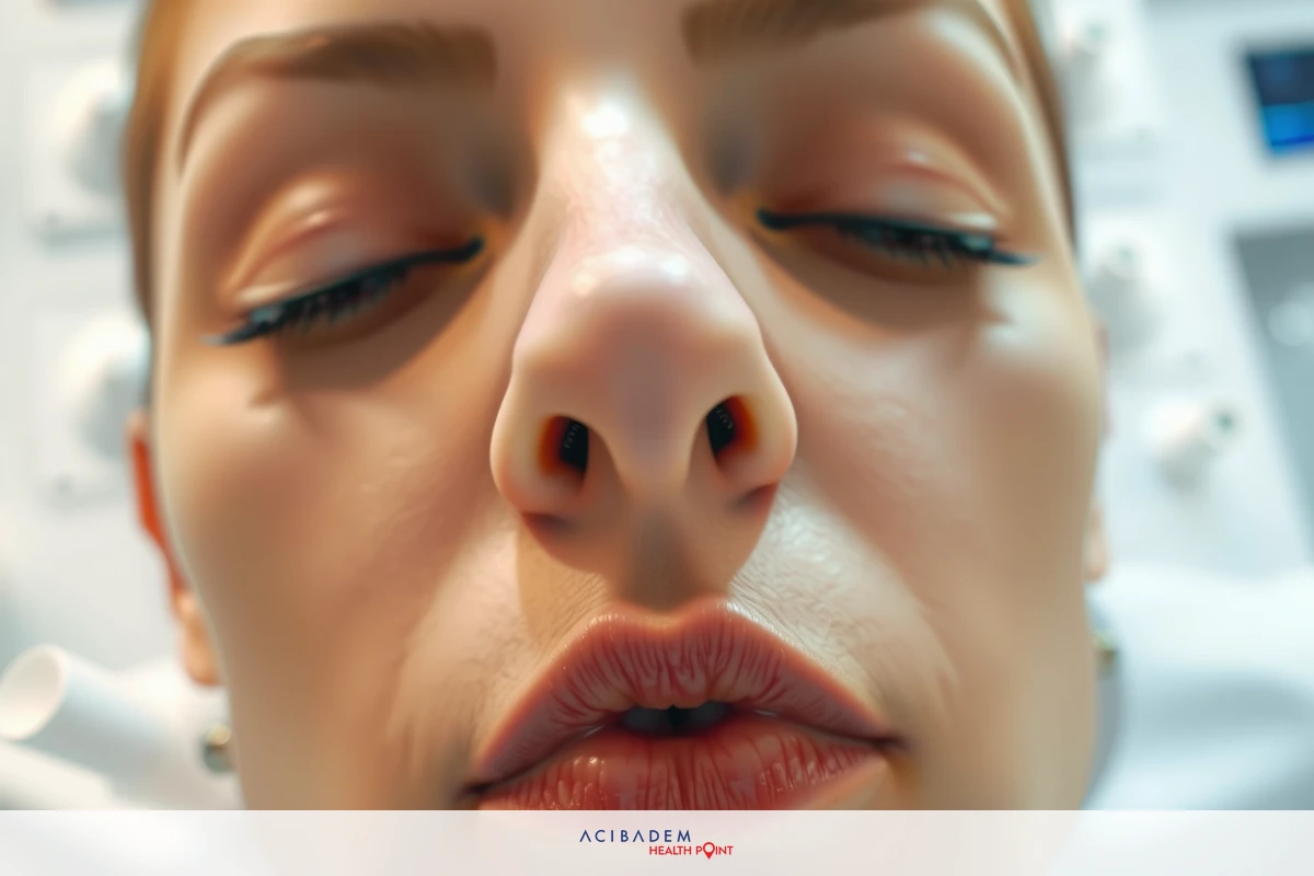 A person is lying down with their eyes closed, suggesting a relaxed or restful state. The individual has red lipstick on their lips, and there appears to be some medical equipment in the background. The image captures the person's face up close, emphasizing their facial features and expressions.