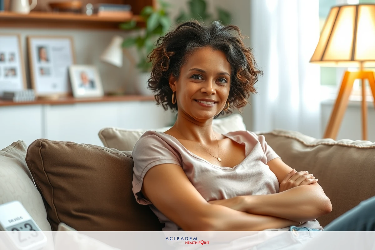 A smiling woman sitting on a couch in a living room, looking towards the camera. She has short hair and is wearing casual clothes.