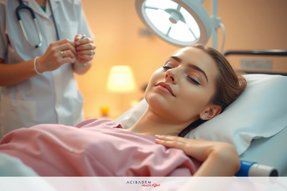 Image depicts a woman lying down on a hospital bed, undergoing medical examination. A doctor stands beside her, focusing on the task at hand.