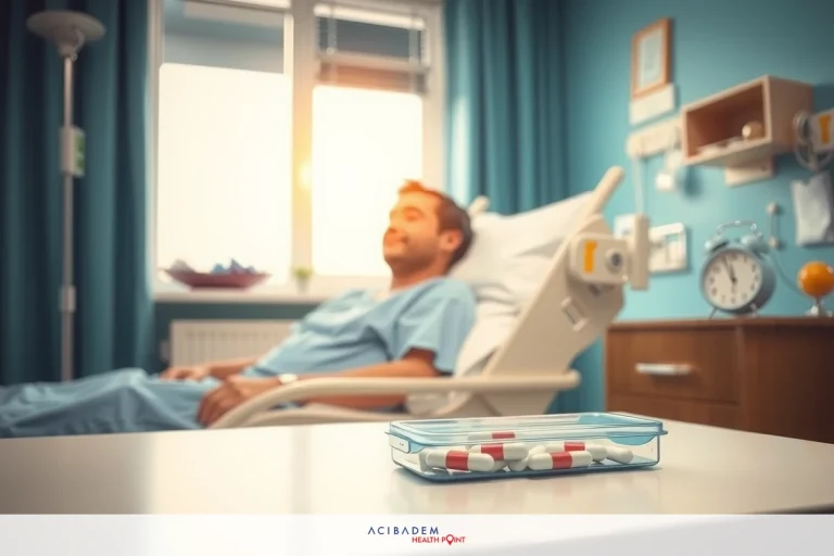 How to Drive After BBL Surgery Medical scene with a male patient lying in bed, possibly recovering from surgery. The room has medical equipment visible, such as a vital signs monitor and an IV drip machine.