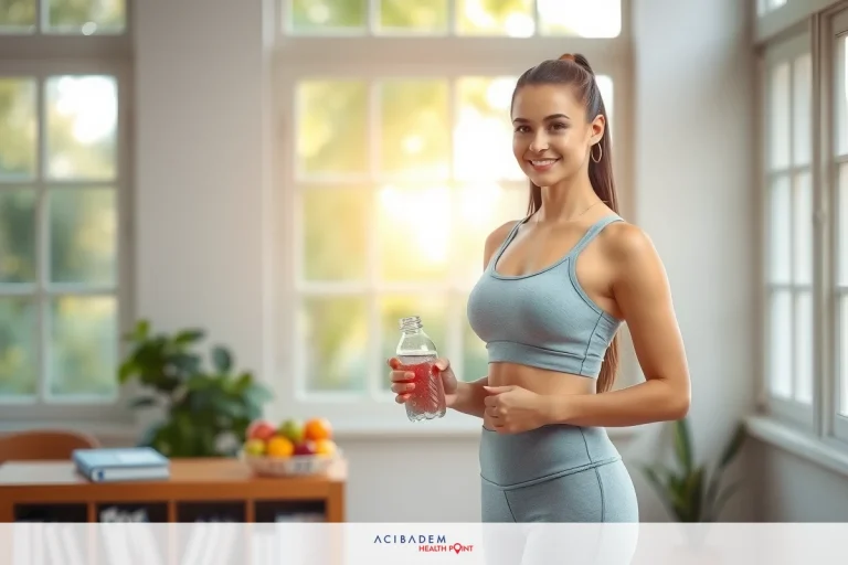 Woman in athletic wear holding a drink, standing confidently in a well-lit room with a window showing bright daylight and natural greenery outside.