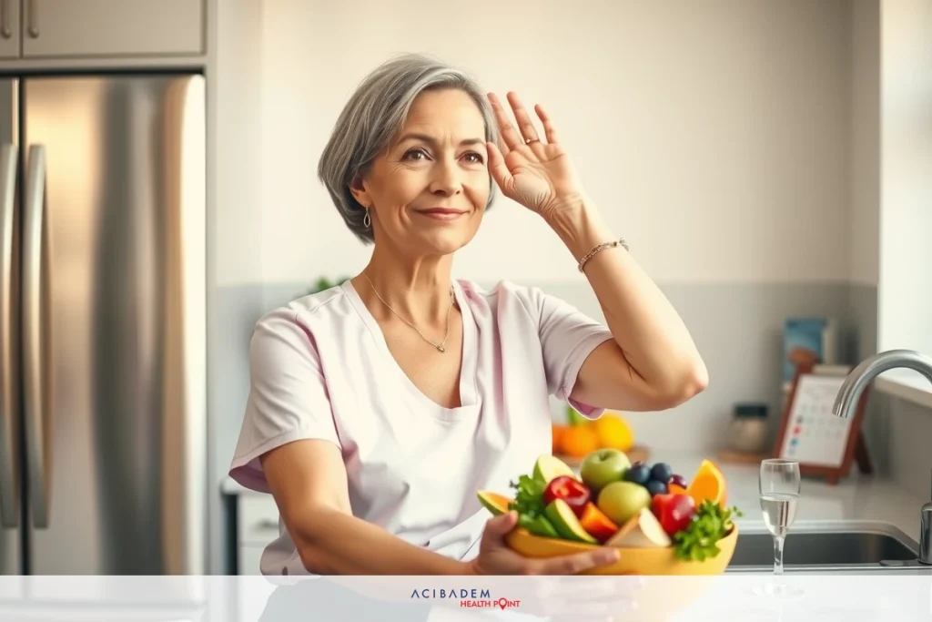 A cheerful senior woman in a kitchen with a colorful bowl of fresh fruit, holding it and posing for the camera.