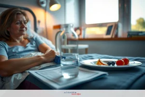 Woman in hospital bed enjoying meal. Fruits and water on tray, smiling at camera, daylight, calm atmosphere.