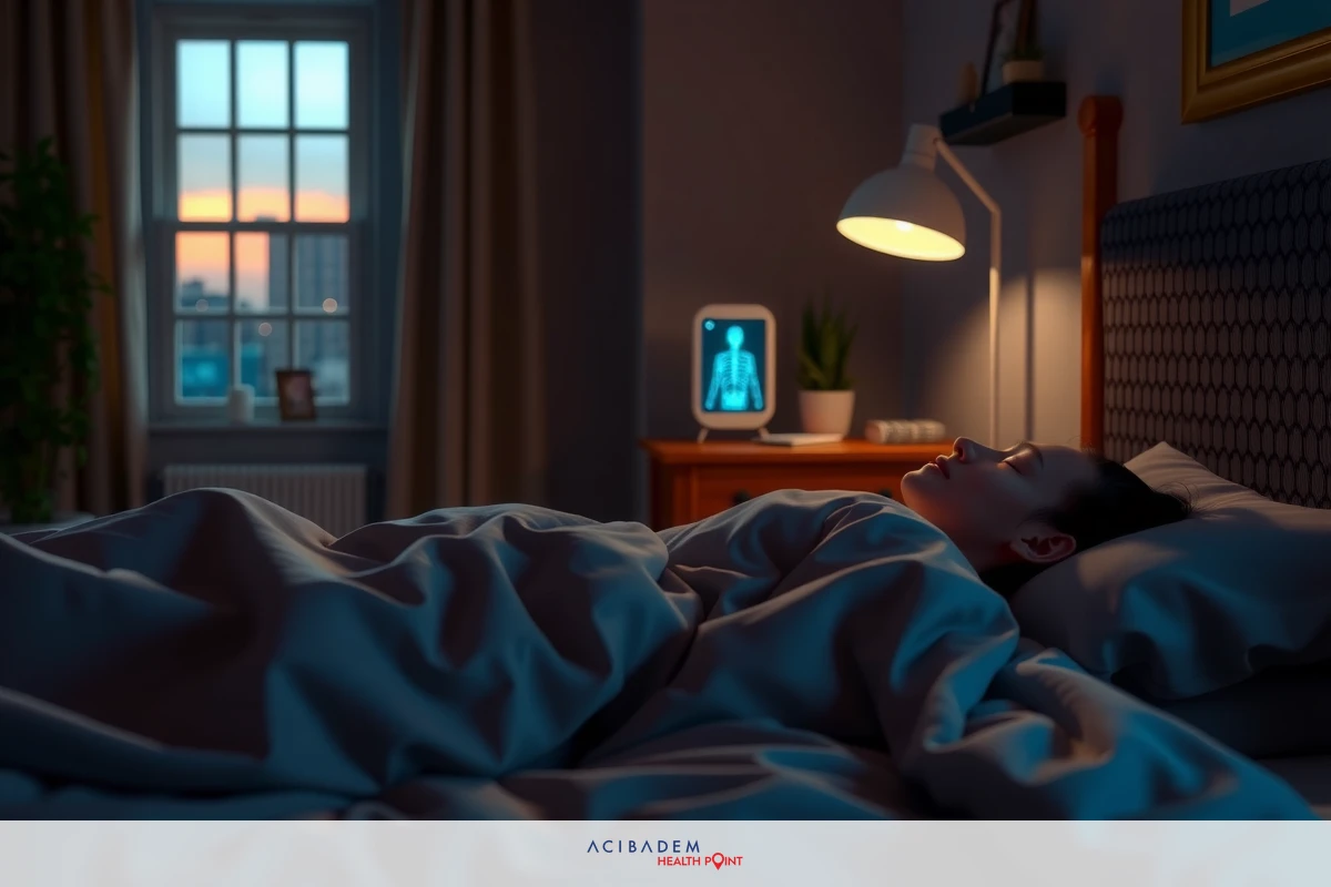 The image depicts a person lying in bed, seemingly asleep with their head turned away from the viewer. They are wearing white pajamas and appear to be resting on pillows and under a blanket, which suggests a cozy indoor setting. The room has soft lighting that is typical of nighttime or low-light conditions.