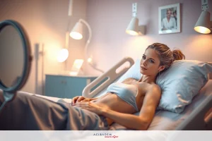 A woman lies in a hospital bed with a mirror at her foot, looking directly at the camera. She is wearing a gray tank top and her hair is combed back.
