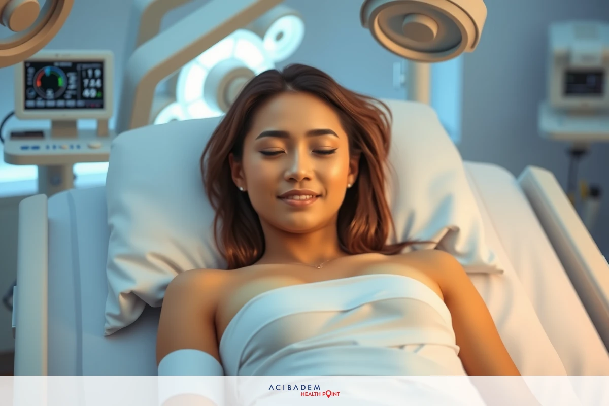 The image shows a woman lying on her back in a hospital bed. She is wearing a white top and smiling with her eyes closed. There is medical equipment and monitors around the room, indicating that she is in a healthcare facility for treatment or observation.