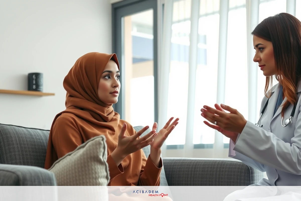 A woman wearing a headscarf sitting on a sofa talks to a doctor sitting across from her, presumably discussing health issues. The room is well-lit with natural light coming in from the windows and it appears to be an office or consultation room.
