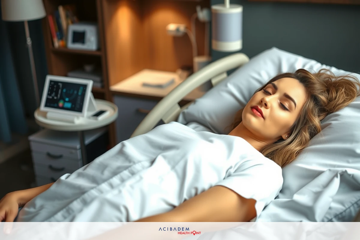 In the image, a young woman is lying in a hospital bed. She appears to be resting and is wearing a white gown. The hospital room has a modern design with various medical devices and monitors nearby. A tablet is open on the table beside her, suggesting someone might be researching or communicating about her condition.
