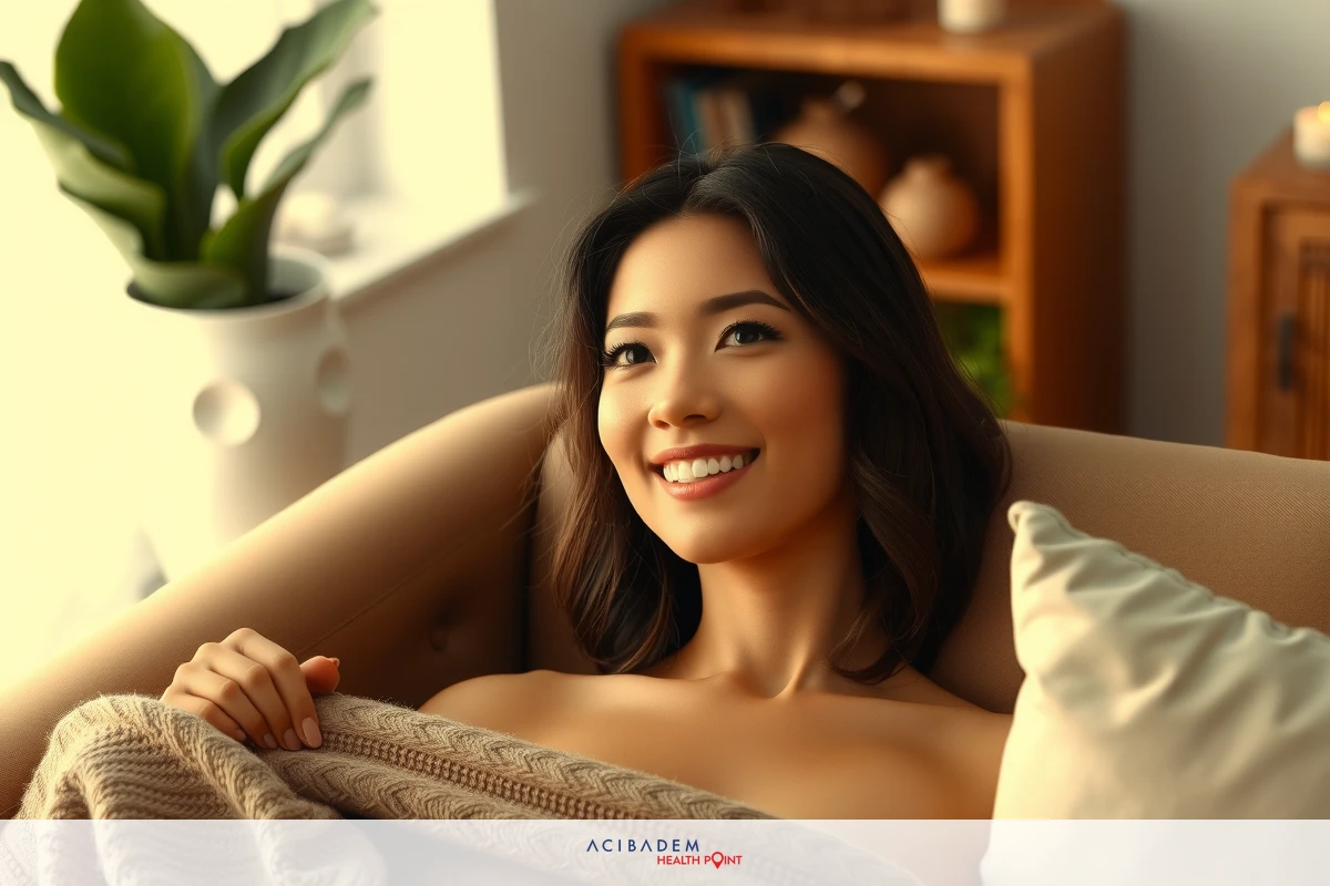 The image shows a woman sitting in a chair. She is wearing a light-colored dress and smiling at the viewer. Behind her, there are potted plants which add a touch of greenery to the scene. The overall setting appears to be indoors and the lighting is bright, creating a warm atmosphere.
