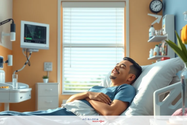 A man in a hospital bed, wearing a medical gown and holding his arms crossed. He appears relaxed or resting on a sunny day with the window blinds partially open.