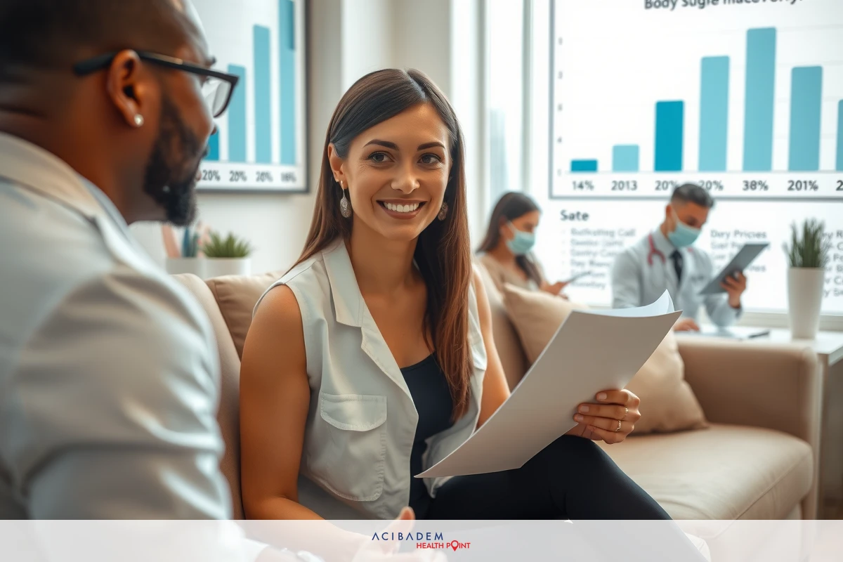 A photograph of a professional business meeting in an office setting. A woman is sitting with a document on her lap, smiling and engaged in conversation with a man who is standing beside her. The background features charts, graphs, and text that suggest data analysis or financial consultation.