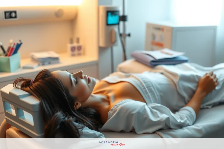 BBL Surgery Cost Montreal The image is a blurry, clinical photograph of a person lying on a medical bed. The individual appears relaxed and may be receiving medical treatment or undergoing a health check-up.