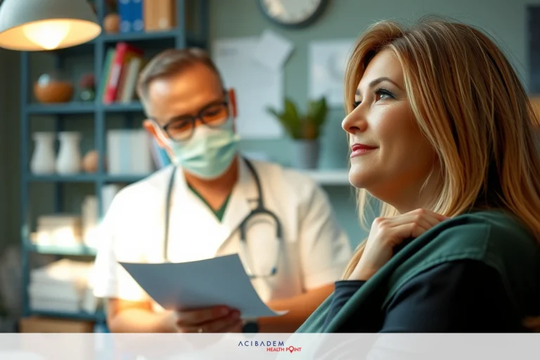 A woman is sitting in a doctor's office, being examined by a medical professional. The environment suggests a typical healthcare setting with medical equipment and documents visible.