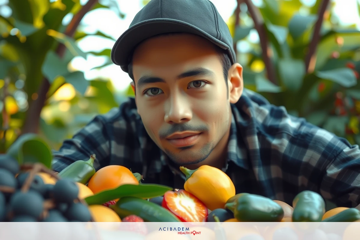 A man in a black baseball cap is sitting among various types of fruits, including oranges and berries. The environment appears to be an orchard or a fruit marketplace, filled with colorful produce, suggesting a healthy lifestyle theme.