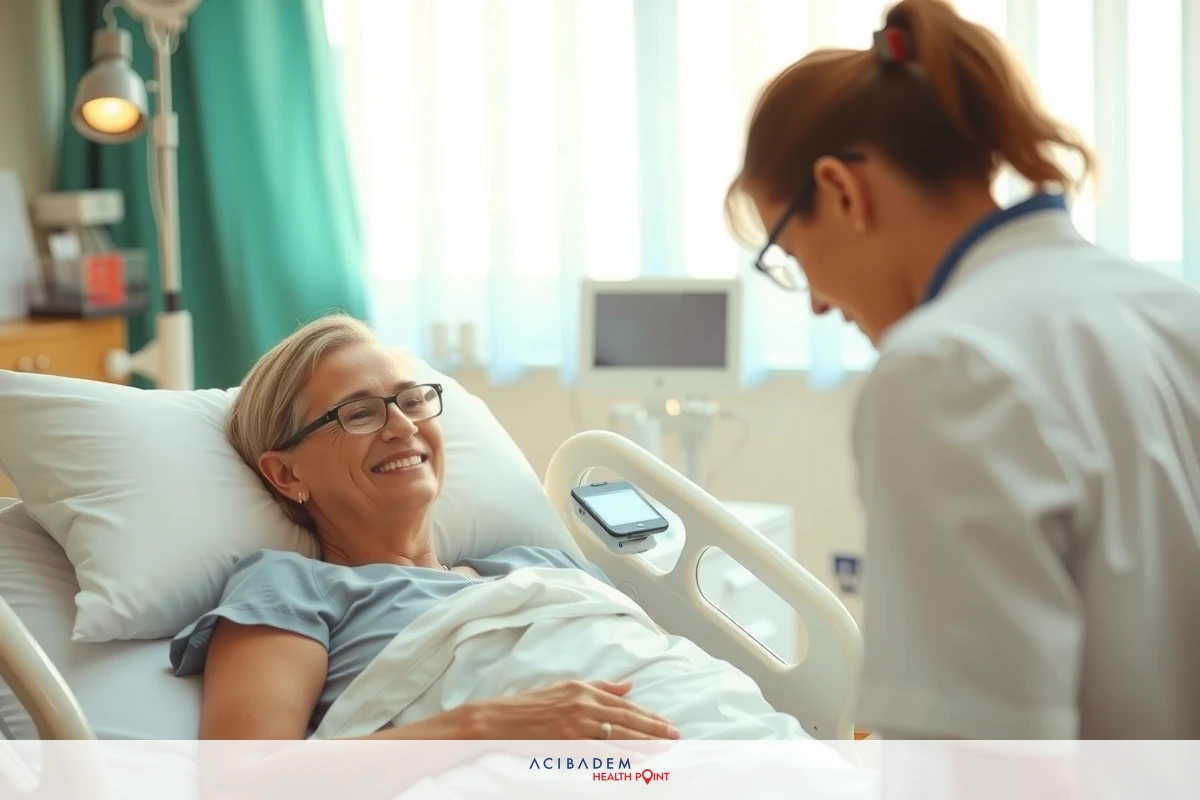 The image shows a hospital setting where a patient is lying in bed, smiling. An attentive nurse or healthcare professional stands beside the bed, looking towards the patient with concern and care.