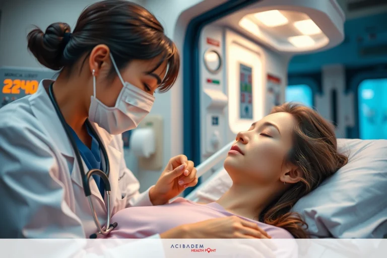 The image shows a medical setting with two individuals. The person on the right is lying down, possibly in a hospital bed or medical equipment, and seems to be receiving medical attention from a professional standing beside her. The attendant, likely a healthcare provider given their uniform and the context, is wearing a mask, indicating a focus on hygiene and patient safety.