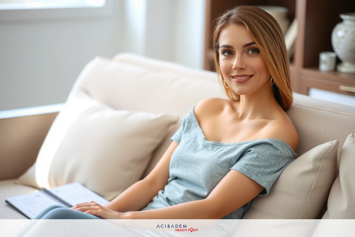 A woman sitting on a couch with a smile, wearing a light-colored top and jeans. The room has a modern feel with neutral tones and minimal decor.