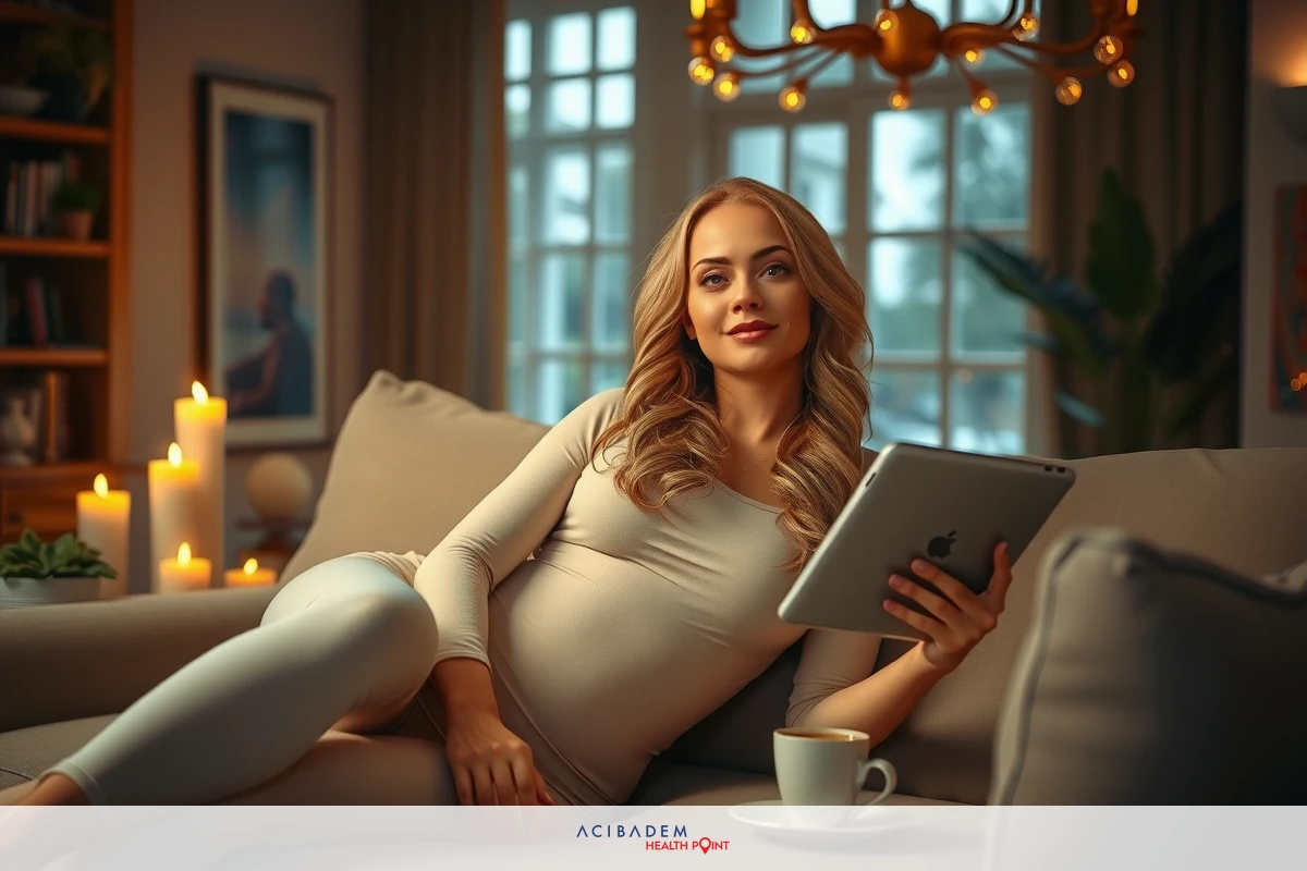 A woman is sitting comfortably on a couch with her feet propped up, holding an iPad. She's in a living room setting with warm lighting and a cozy atmosphere.