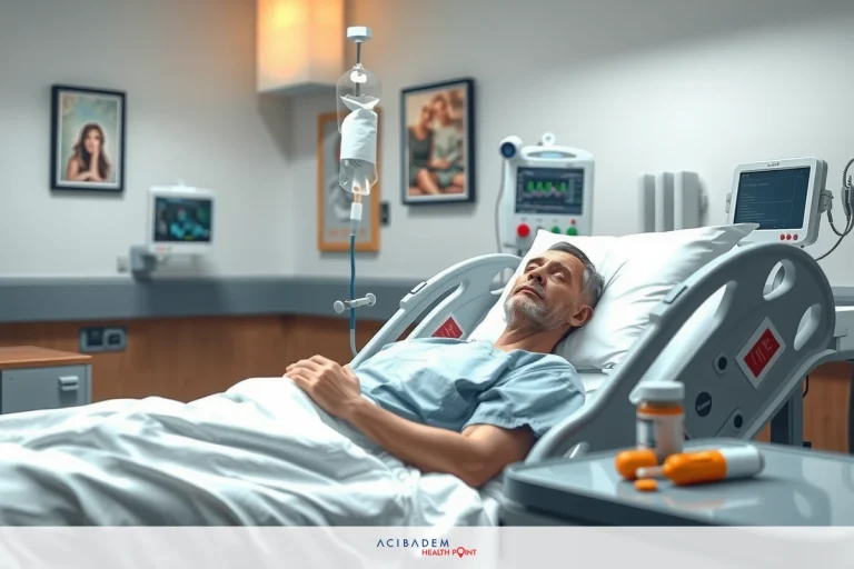 The image features an elderly man lying in a hospital bed. The room appears to be well-lit, and there are medical equipment visible such as monitors on the wall and possibly an IV stand near the bed. The bed linens are white, and the patient is dressed in typical hospital attire. There's also a bottle of medicine on the tray next to him. The man has gray hair and appears to be resting peacefully.