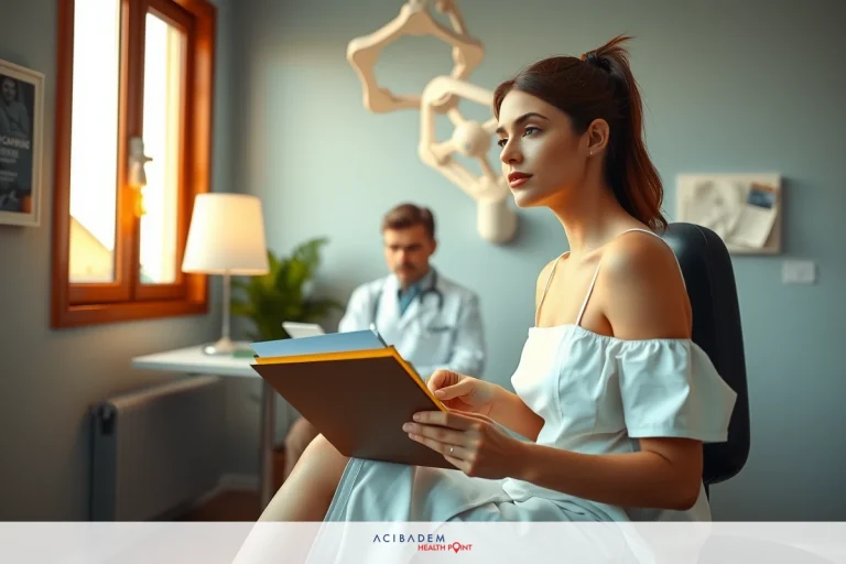 Second BBL Surgery The image shows a woman seated in what appears to be a doctor's office. She is holding a clipboard and reading from it, suggesting she may be recording patient information or going over medical notes with the doctor who is standing beside her. The doctor is engaged in conversation with the woman. The setting is clinical and professional, indicating a healthcare-related scenario.