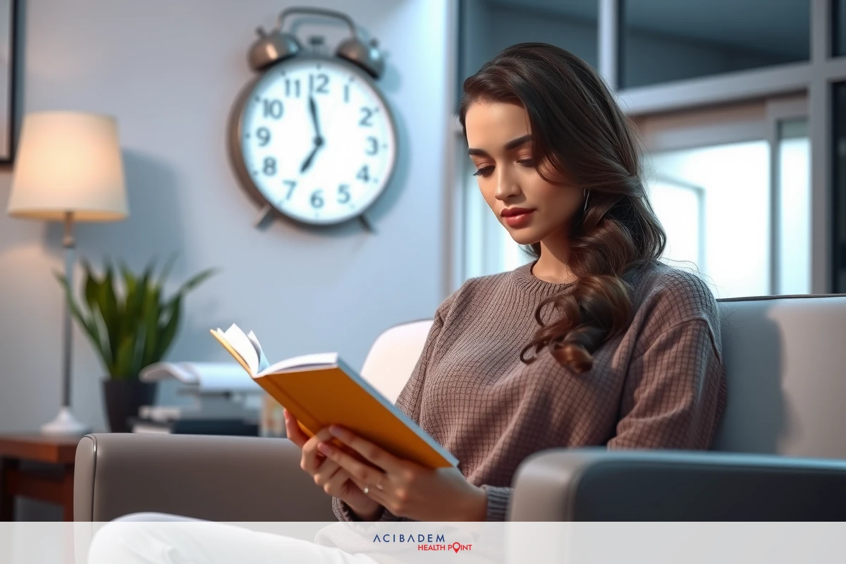 The image shows a woman sitting in a living room reading a book. She is holding the book with both hands and appears engrossed in her reading. The room has modern furnishings including a couch, a clock on the wall. The overall atmosphere suggests a comfortable and relaxing home environment.