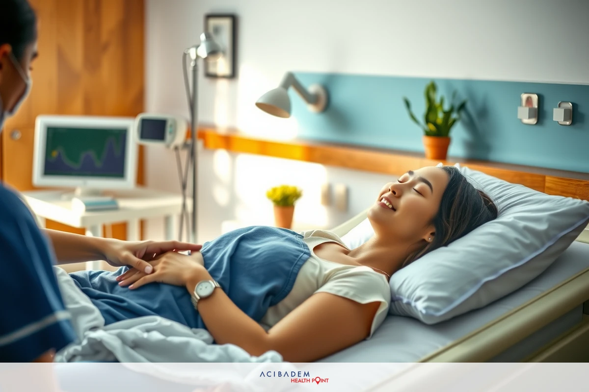 A hospital setting with a medical professional examining a woman lying in bed, eyes closed and smiling. The environment is clean and sterile, typical of a healthcare facility.