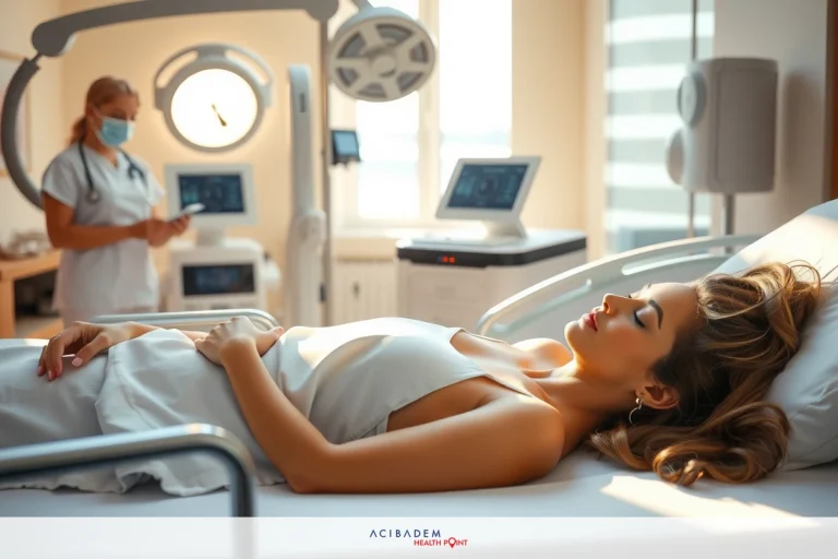 The image depicts a scene in a modern hospital setting. A woman is lying on a bed with medical equipment around her. She appears relaxed and at ease, possibly in a post-surgical or recovery phase. There are medical professionals attending to the patient, emphasizing a clinical environment. The use of white and sterile colors gives an impression of cleanliness and professionalism associated with healthcare settings.