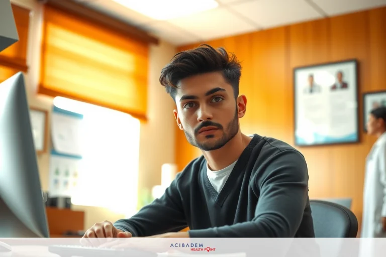 A young man working at a desk with a computer, focused on his task in an office environment. A woman stands in the background, wearing a medical gown, probably a doctor or nurse. Daylight pouring in through the window illuminates the room.