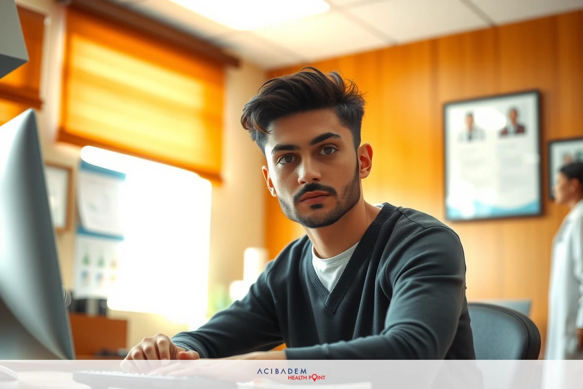A young man working at a desk with a computer, focused on his task in an office environment. A woman stands in the background, wearing a medical gown, probably a doctor or nurse. Daylight pouring in through the window illuminates the room.
