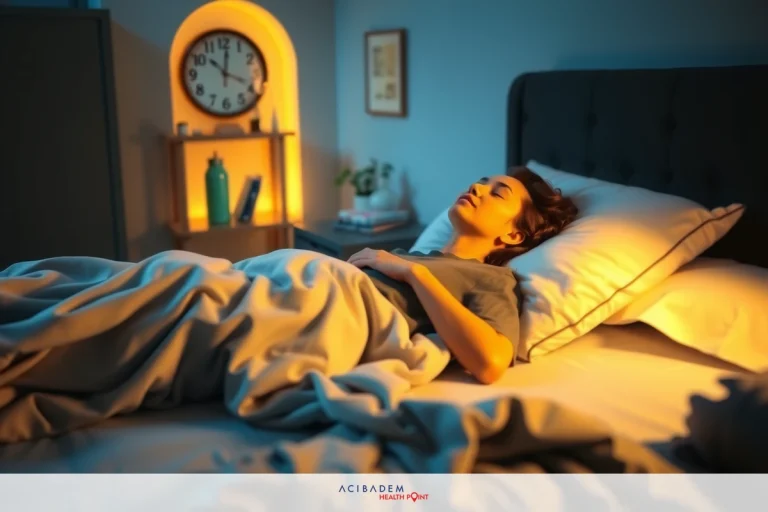 The image shows a person lying in bed, appearing to be asleep or resting. The bedroom is dimly lit with ambient light from nightstand lamps and possibly an alarm clock on the side table. The atmosphere suggests it might be late at night or early morning. There are no other people visible, focusing the scene solely on the sleeping person. The colors in the image are muted with a predominance of grey tones, which adds to the calm and serene ambiance.