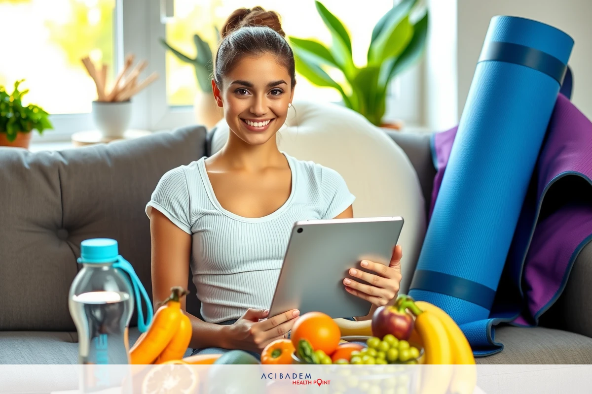 A young woman is sitting on a couch in a comfortable living room, smiling and holding an iPad. She has a plate of fresh fruit next to her, and there are other items suggesting a healthy lifestyle such as yoga mats and water bottles.