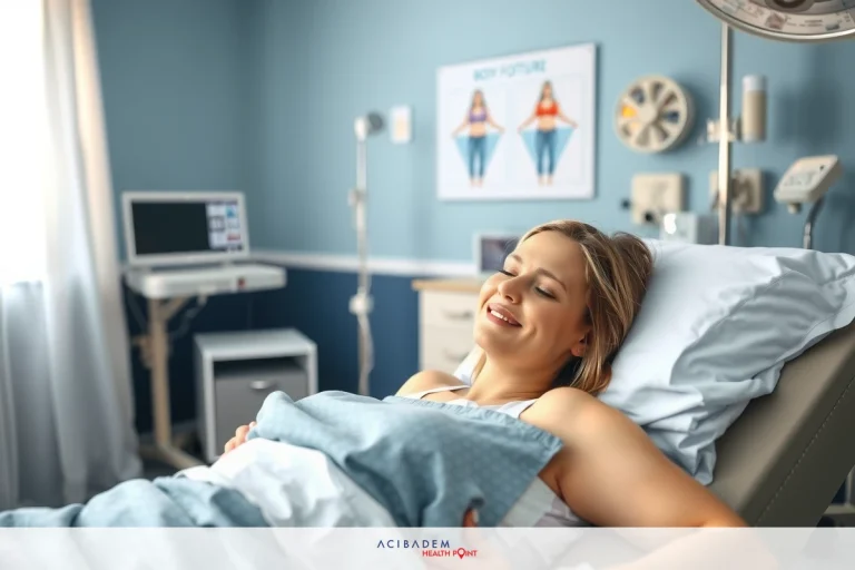 In the picture, a woman is seen lying on her back in a hospital bed and smiling. Her hands are on her stomach and she is smiling. The hospital room is filled with medical equipment such as monitors and devices to assist with patient care.