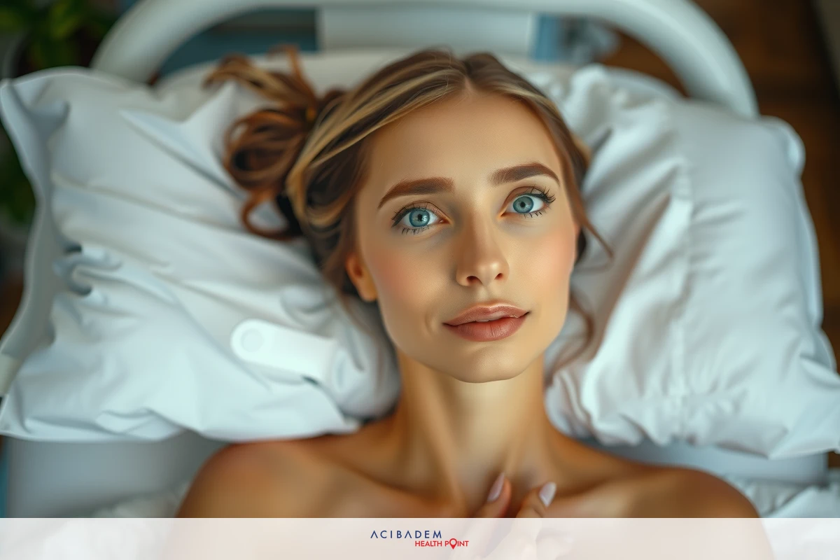 The image shows a young woman lying on a hospital bed, with her hands clasped in front of her chest. She has fair skin, blue eyes, and light brown hair. Her makeup is done in soft tones that enhance her natural beauty. The environment suggests a modern healthcare setting with a focus on simplicity and cleanliness. The color palette is subdued, emphasizing the serene atmosphere of the scene.