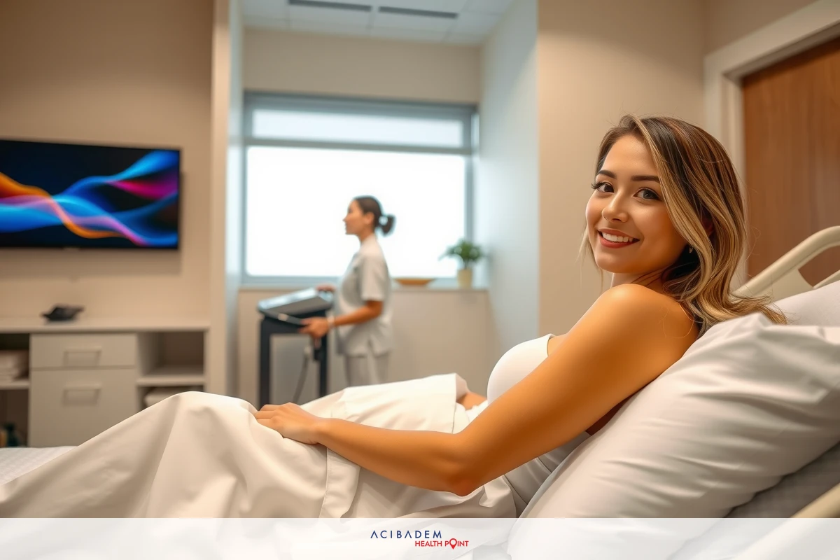 The image shows a woman in a hospital bed, smiling and looking at the camera. The room appears to be well-lit with medical equipment visible around her. There is a nurse standing nearby who seems to be monitoring the woman's condition or assisting her.