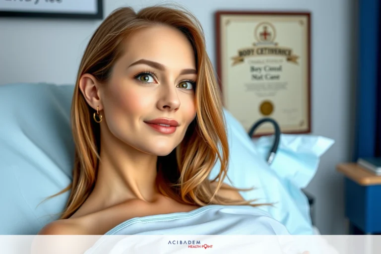 BBL Surgery Utah A woman lying on a hospital bed, looking towards the camera with a smile. She is wearing a medical gown and has blonde hair. The hospital environment includes visible medical equipment in the background.