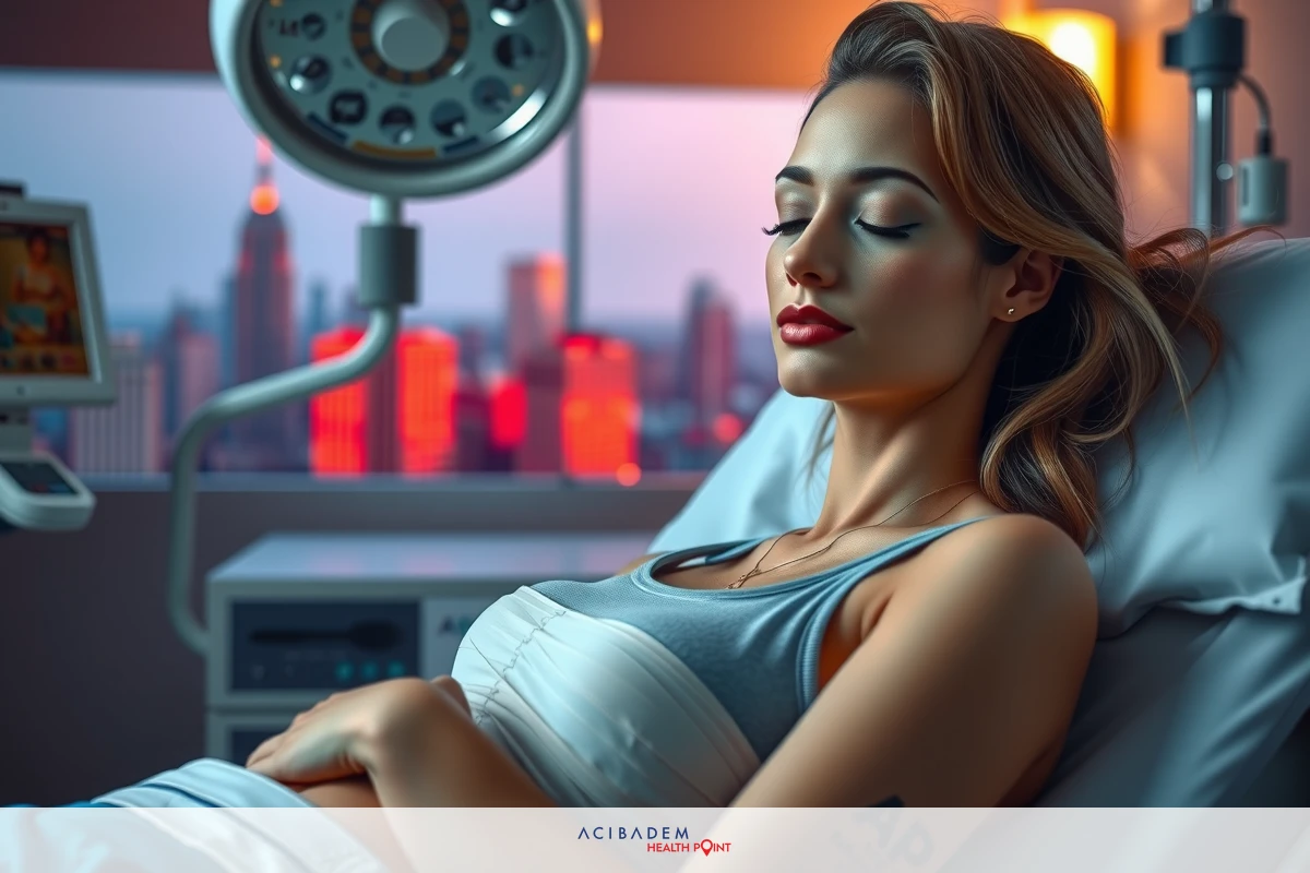 The image depicts a woman lying on a hospital bed. She appears to be in distress or discomfort, given her facial expression and closed eyes. The room is well-lit with artificial lighting that casts shadows and highlights across the scene. In the background, there is a view of a city skyline.
