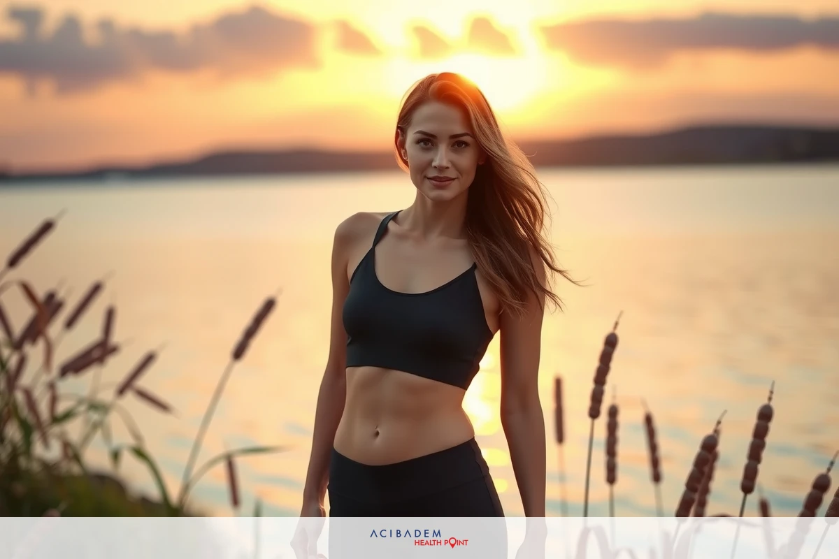 The image features a woman standing on a shore at sunset. She is wearing athletic attire, including a black sports bra and leggings, suggesting an active lifestyle or fitness-related activity. The setting appears to be tranquil, with calm water and the warm hues of the sunset reflecting off the water's surface.