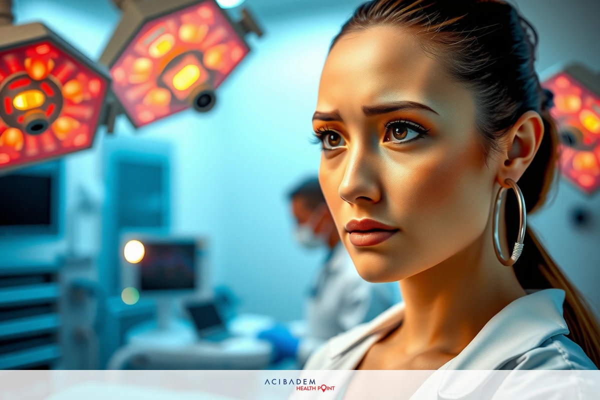 A young woman stands in a hospital setting, wearing scrubs and earrings. Her gaze is directed off to the side with a slight frown on her face. In the background, another doctor sitting at a desk and wearing a mask is working on a laptop, probably looking at patient information.