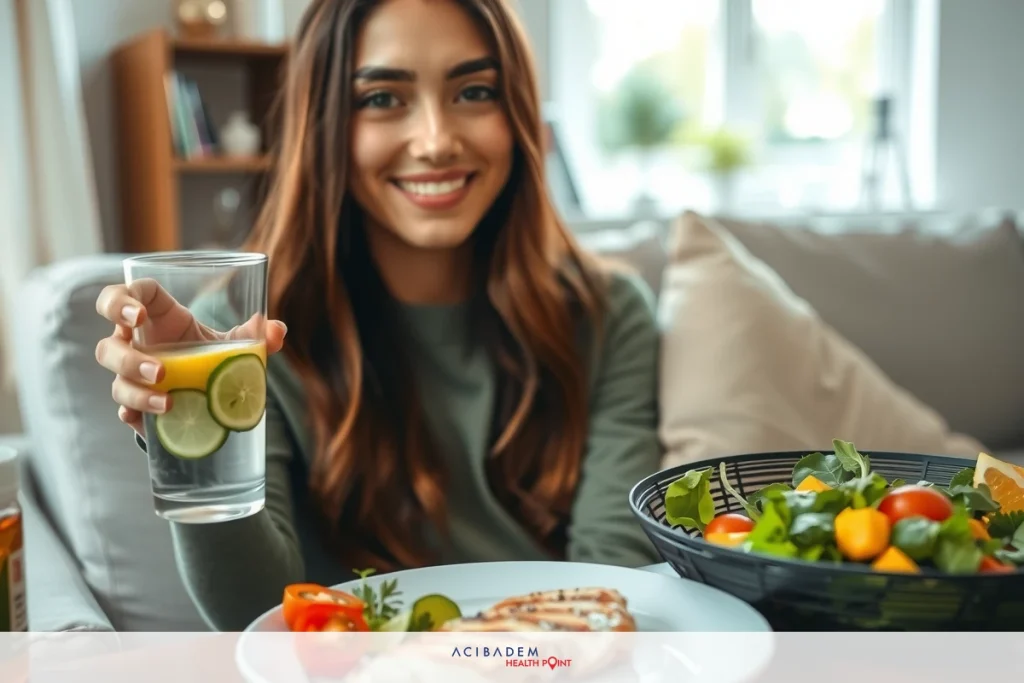 A woman is sitting at a table with food and drinks. She has a smile on her face, holding a glass that could be water or juice. The food includes a bowl of salad, containing vegetables like cucumbers and tomatoes.