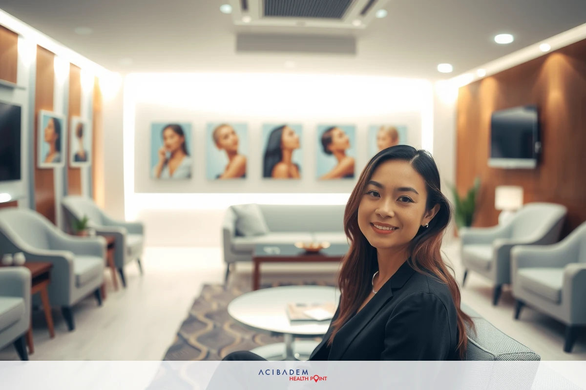 A woman sits in an office lobby, smiling at the camera. The room has a modern design with sleek furniture and artwork on the wall.