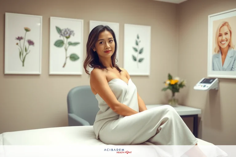 Image of a woman sitting on a massage table in a well-lit room. She has short hair and is wearing a white, sleeveless dress. There are artworks hanging on the wall above her head.