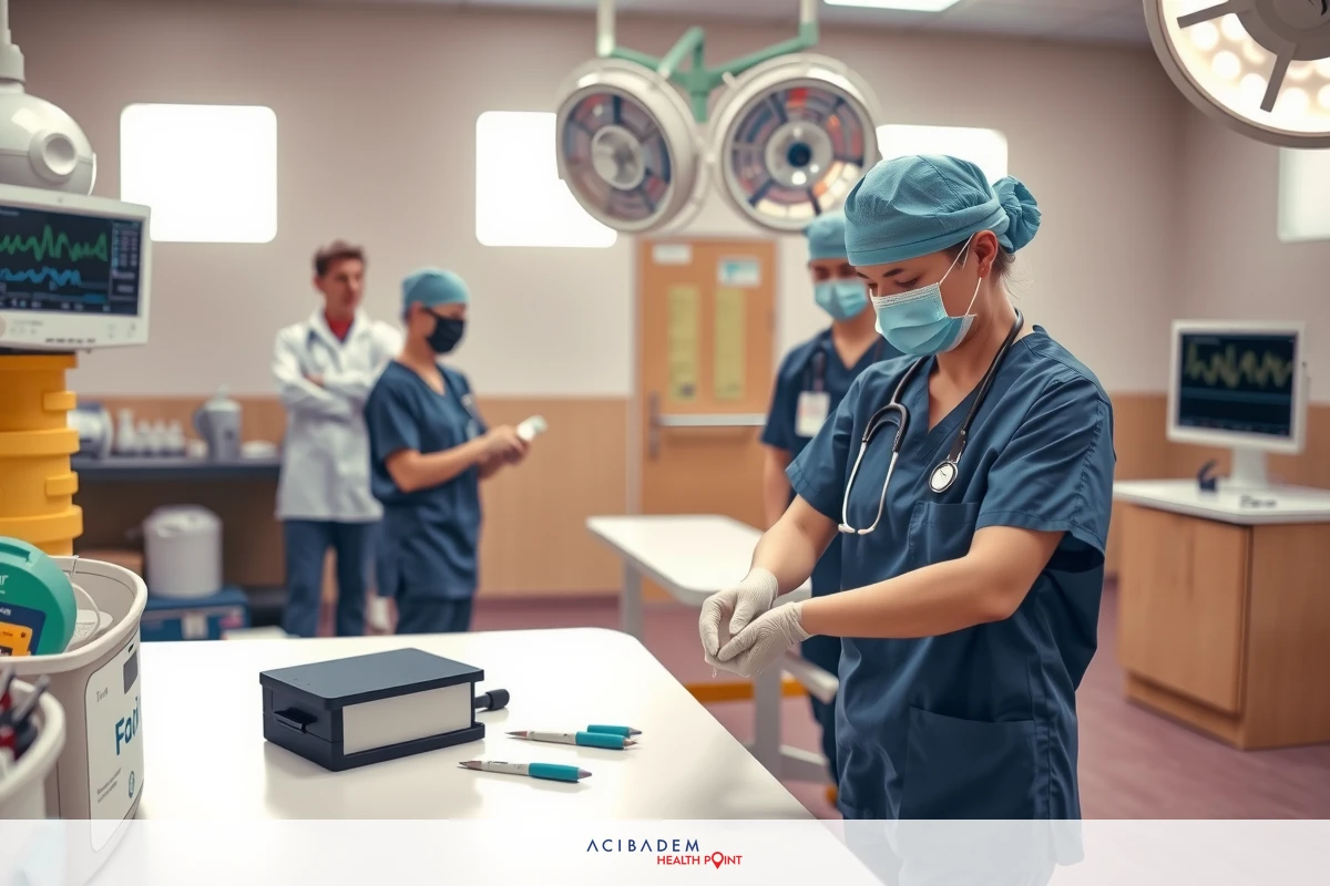 The image depicts a medical setting with several individuals wearing surgical attire. The focus is on a central figure who appears to be in the process of performing or preparing for an operation, as they are positioned in front of an operating table that has various medical equipment attached to it. There are other individuals standing and working around them, suggesting teamwork and collaboration typical of a surgical environment. The room is well-lit, with a sterile appearance that implies a clean and controlled medical atmosphere.