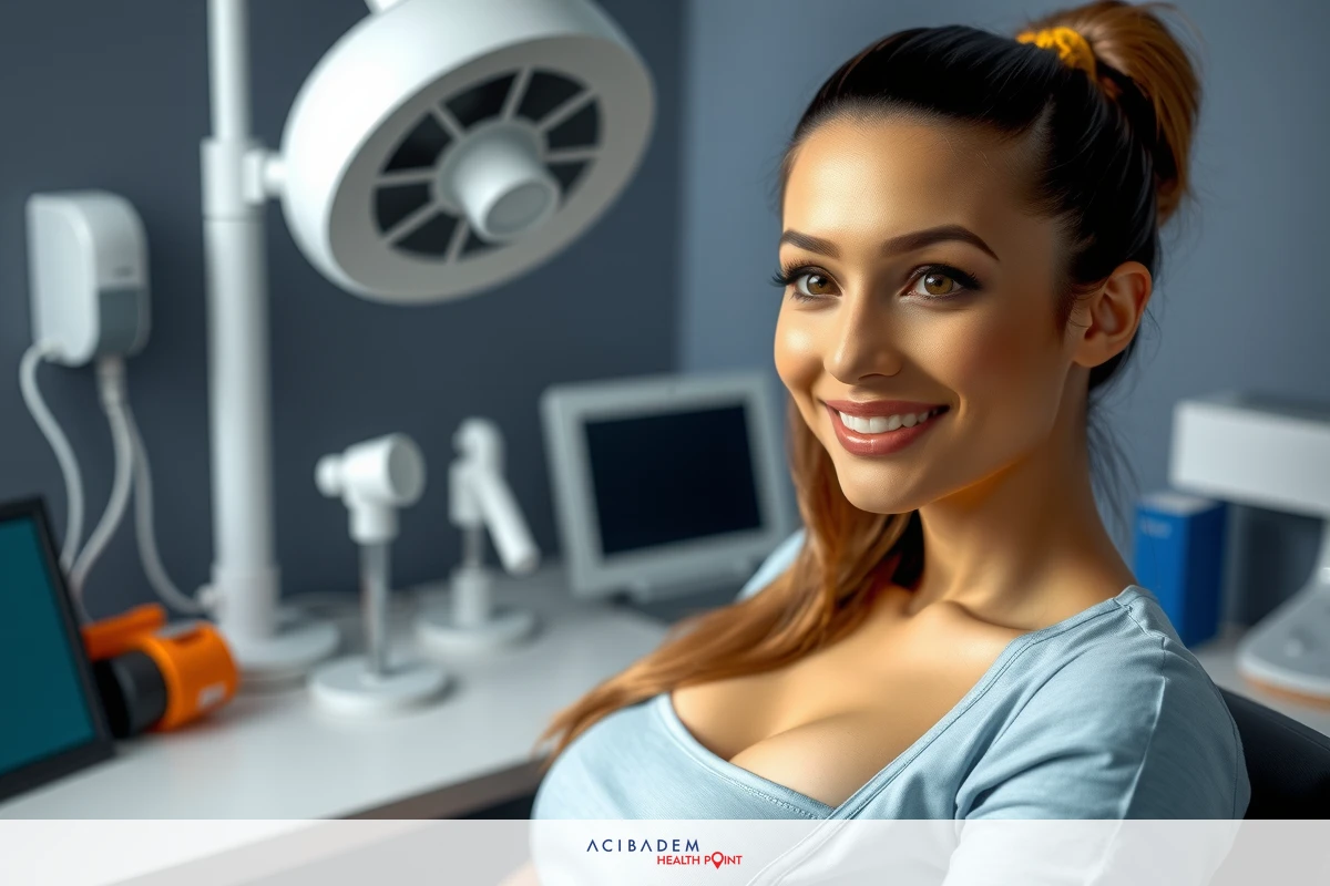 Smiling woman sitting at a desk with medical equipment, possibly in a medical office. She is wearing a blue shirt and has her hair in a bun on top of her head.