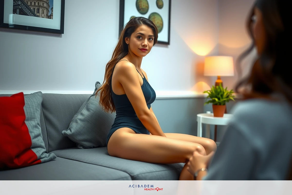 The image shows a woman sitting on a couch, wearing an athletic top. She is looking to the side with a thoughtful expression. There is another person in front of her but only half of their body is visible from behind. They seem to be engaged in conversation or sharing information. The environment suggests an indoor setting, possibly a home or office, with modern decor.