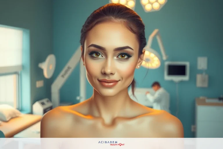 The image features a woman seated in what appears to be a modern medical setting. She is wearing makeup, including prominent winged eyeliner and lipstick. Her expression is neutral with a slight smile. The room has blue walls and stainless steel equipment that suggest it might be a clinic or hospital environment.