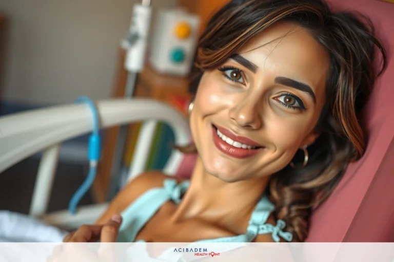 Smiling young woman with dark hair, wearing a light blue top and sitting in a hospital bed. The setting includes medical equipment such as an IV drip and monitoring devices.